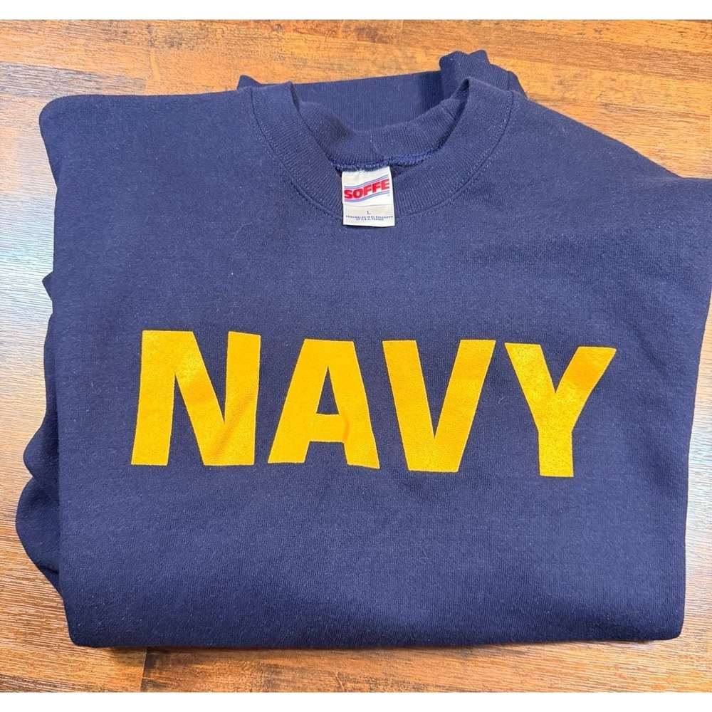 Vintage 90s new Soffe NAVY crewneck sweatshirt.  Navy Blue and Gold.  Size large